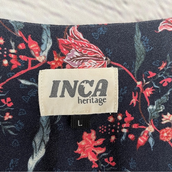 INCA HERITAGE Shallis v-neck floral midi summer dress drawstring sleeves size L - Picture 2 of 14